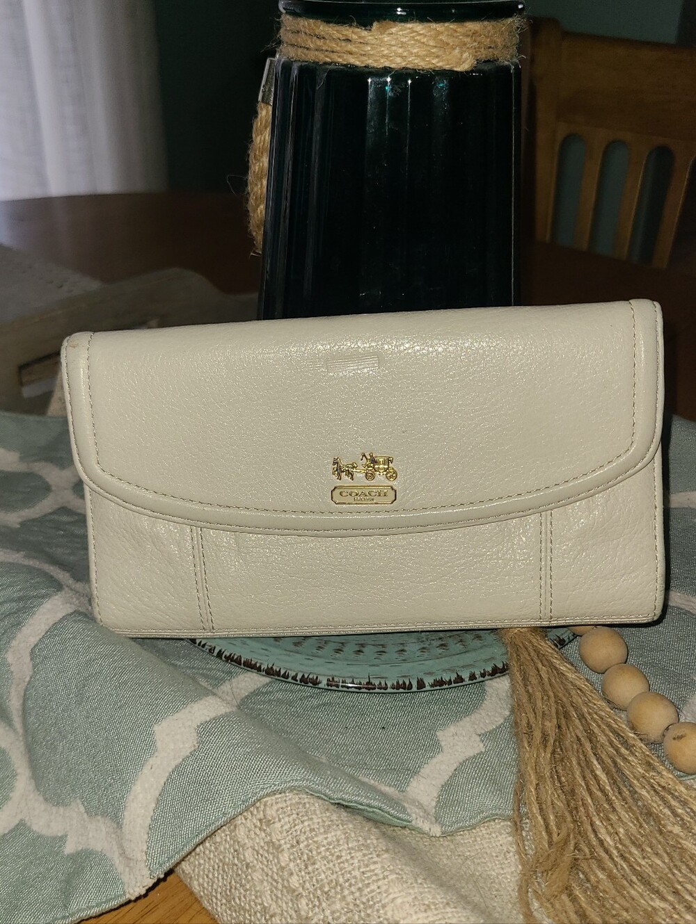 Coach Cream Leather Continental Wallet with Gold Logo